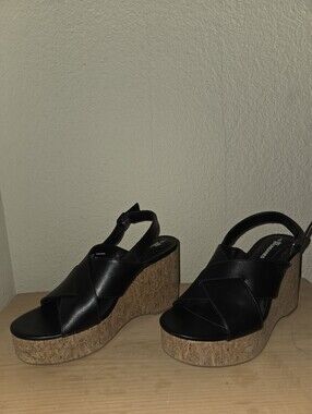 No Boundaries Black Cork Wedge Sandals - Women's